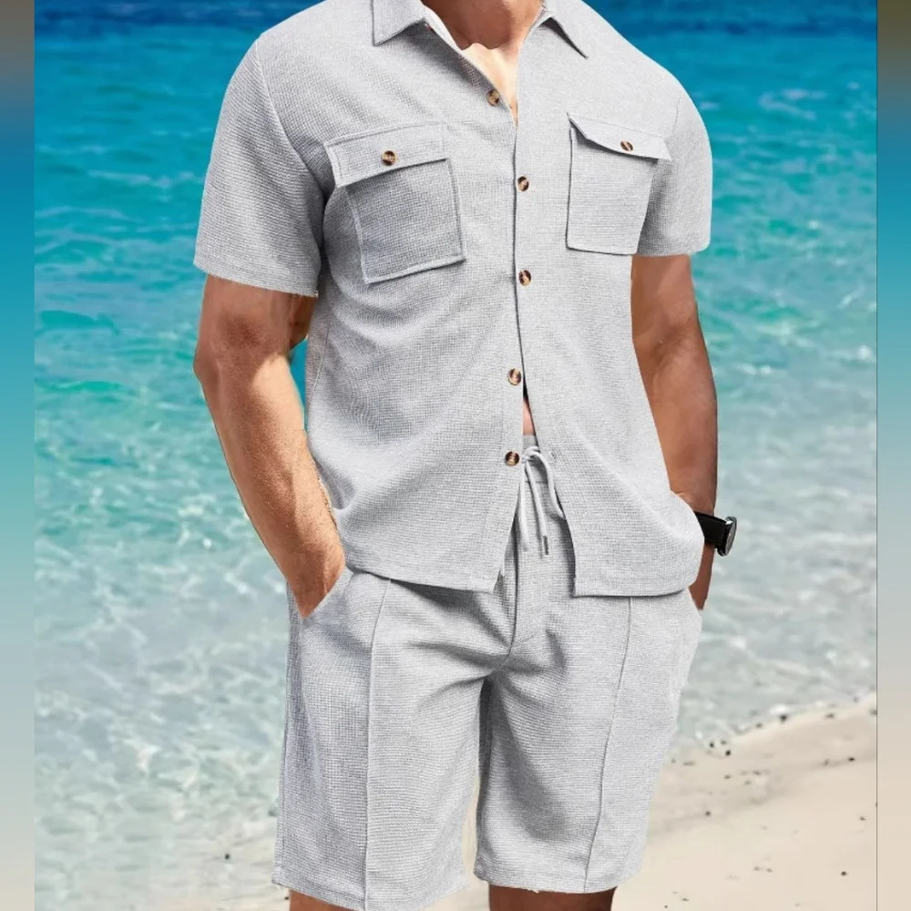 Men's Black Button Down Shirt and Shorts Set